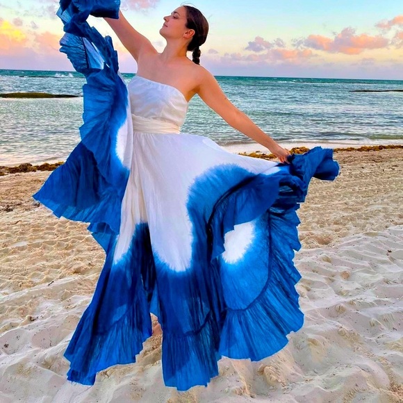 Samant Chauhan Ombre Maxi Dress White Blue Strapless Ruffle Anthropologie S - Picture 3 of 10